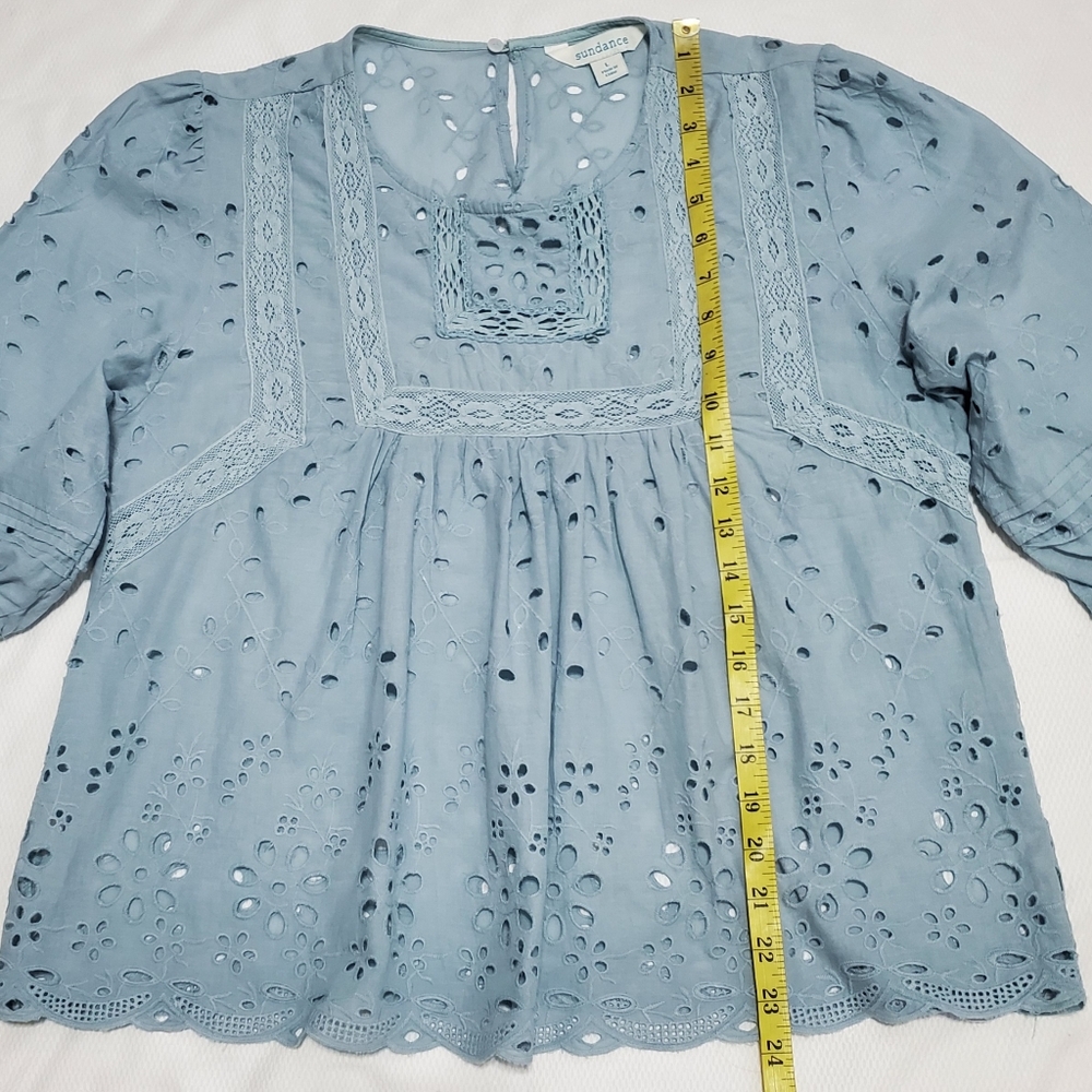 Womens Light Blue Eyelet Lace Peasant Top - Picture 8 of 9